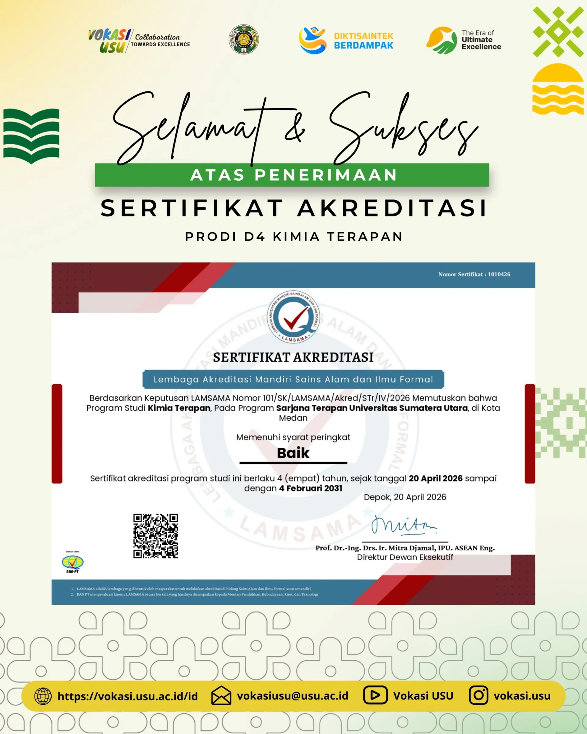 Selamat dan Sukses atas Penerimaan Sertifikat Akreditasi Program Studi D4 Kimia Terapan Fakultas Vokasi